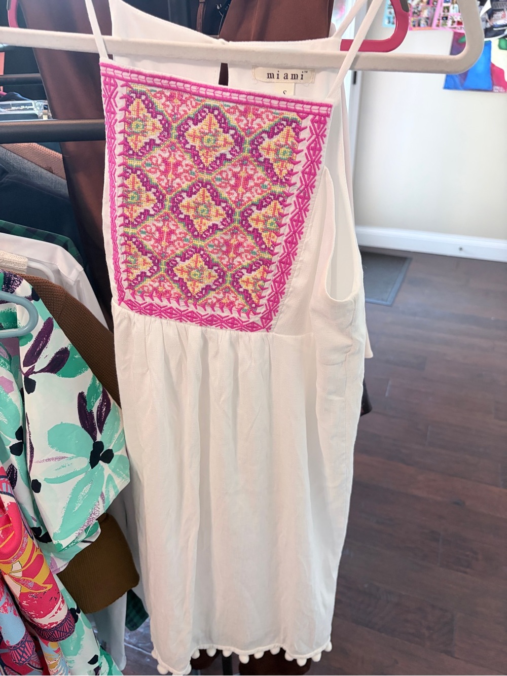 miami White Mini Dress with Pink & Multicolor Embroidered Yoke